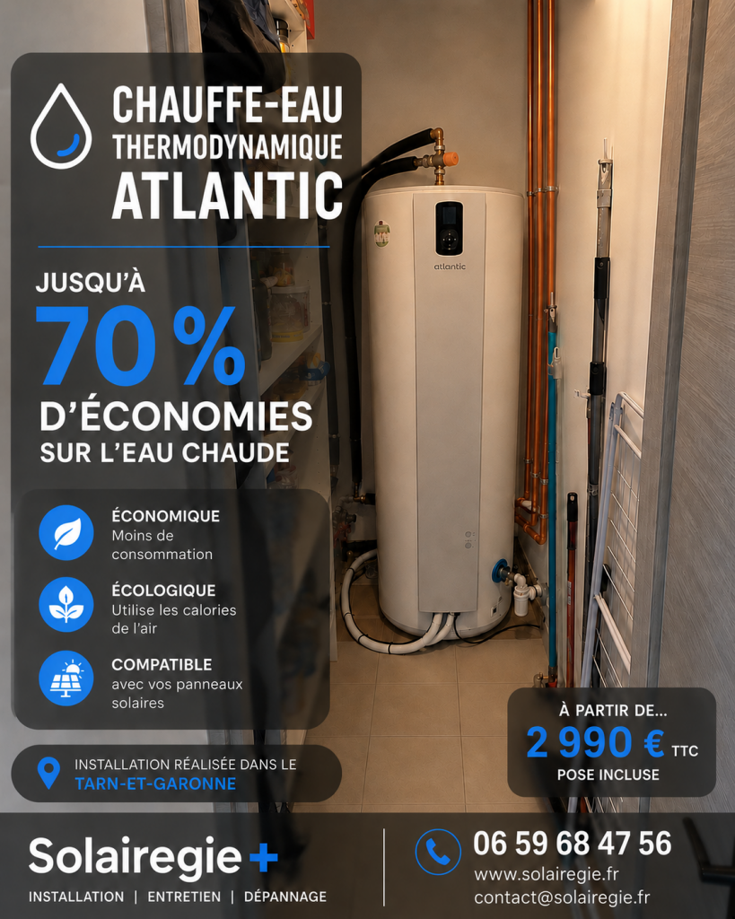 Installation d'un chauffe-eau thermodynamique Atlantic réalisée par Solairegie+ dans le Tarn-et-Garonne pour la production d'eau chaude économique.